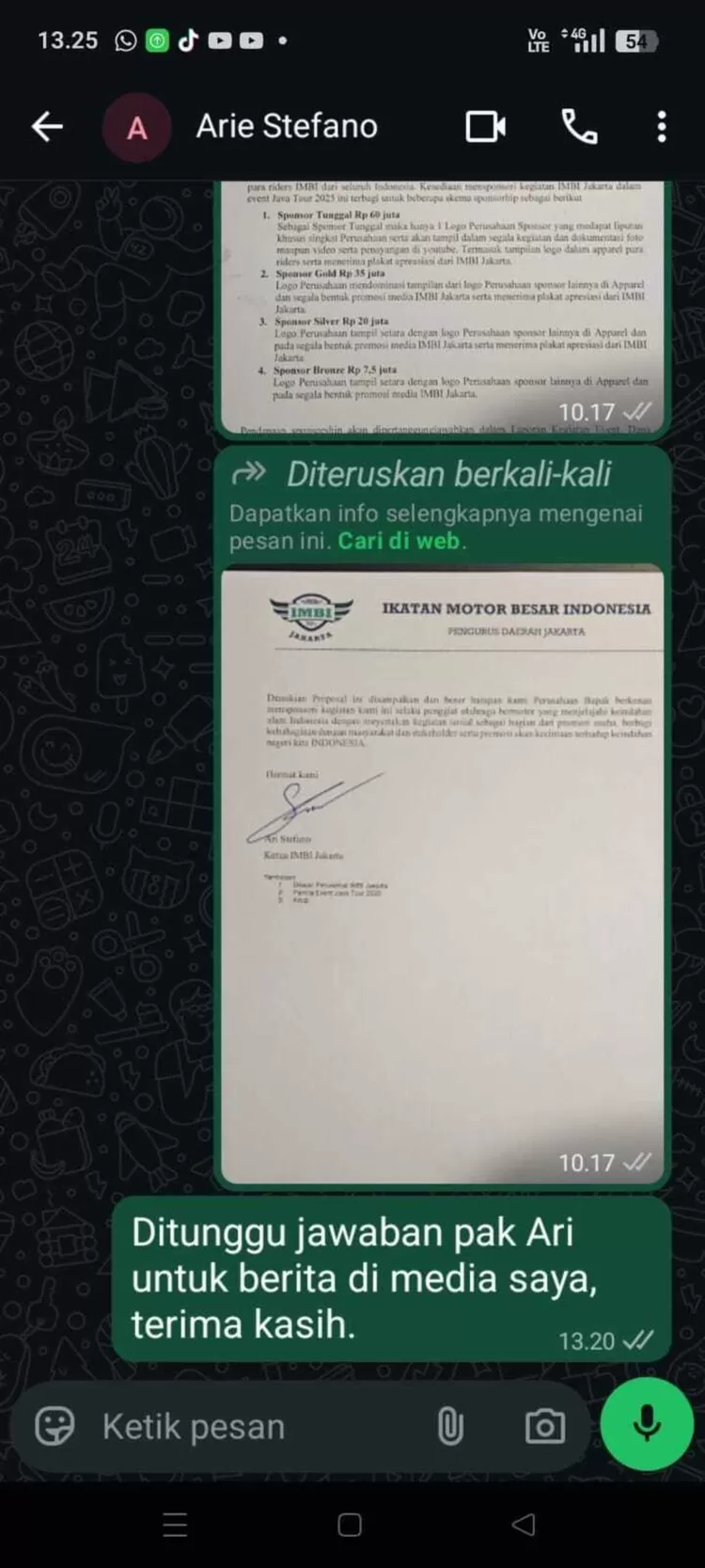 Tangkapan layar proposal IMBI Jakarta dan upaya konfirmasi Riau Satu tidak dibalas Ari Stefano.