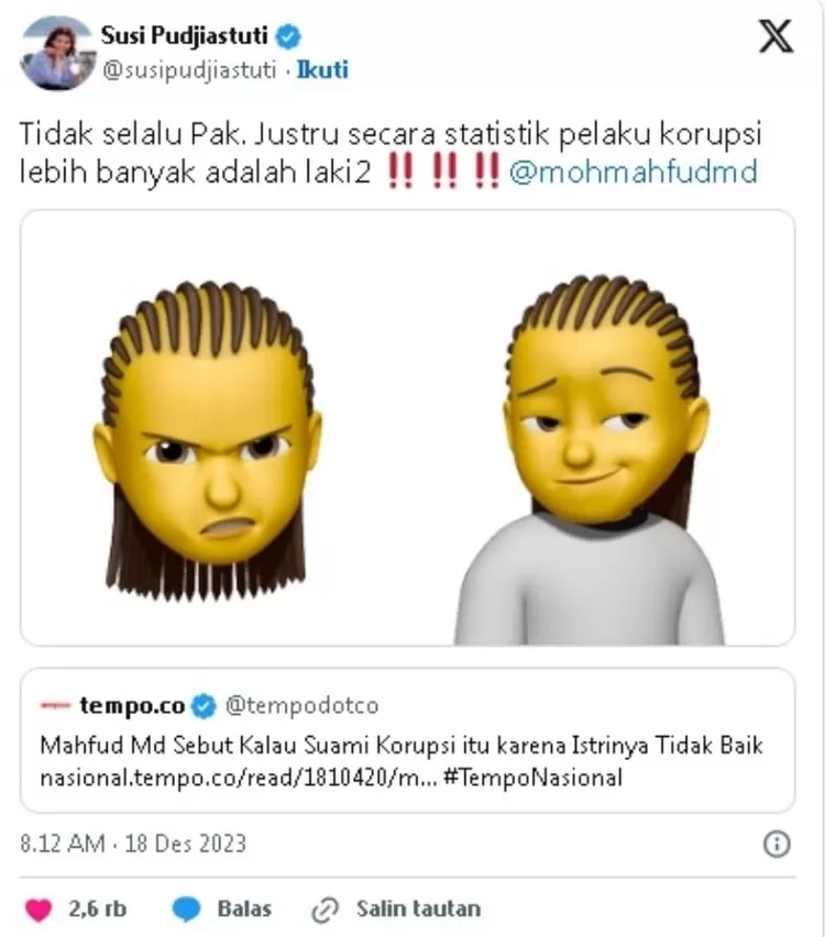 Tangkap layar cuitan Susi Pudjiastuti merespon pernyataan Mahfud MD 