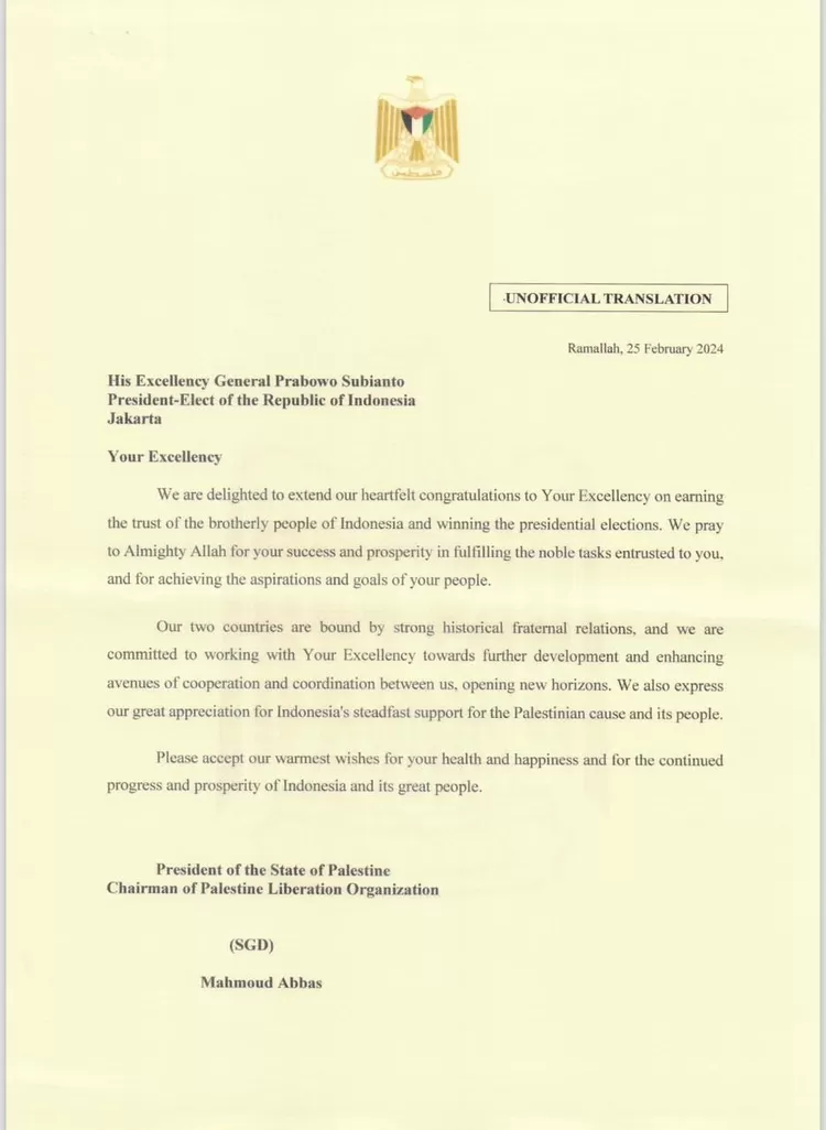 Surat dari Presiden Palestina Mahmoud Abbas kepada Prabowo Subianto