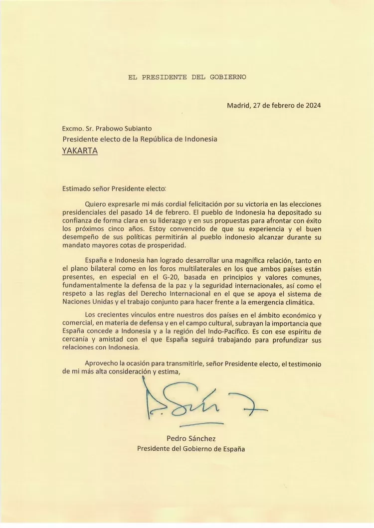 Surat ucapan selamat yang diberikan Perdana Menteri atau Presiden Pemerintah Spanyol Pedro S&aacute;nchez kepada kepada calon presiden nomor urut 2 Prabowo Subianto yang unggul dalam Pilpres 2024.