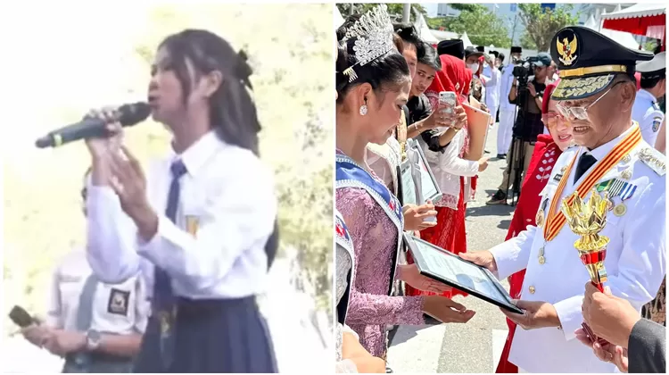 Anata Ndey Nuruljannah saat tampil menyanyi di kantor wali kota Palu dan saat menerima sertifikat penghargaan dari Gubernur Sulawesi Tengah Rusdy Mastura di momen HUT Kemerdekaan RI ke-79 tahun 2024. 