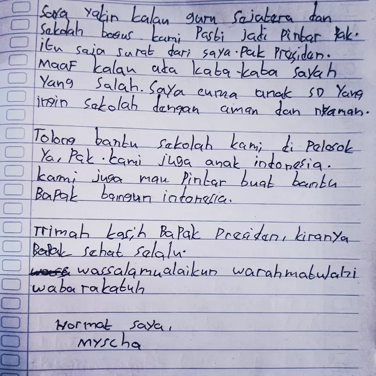 Surat tulisan Myscha untuk Presiden Prabowo