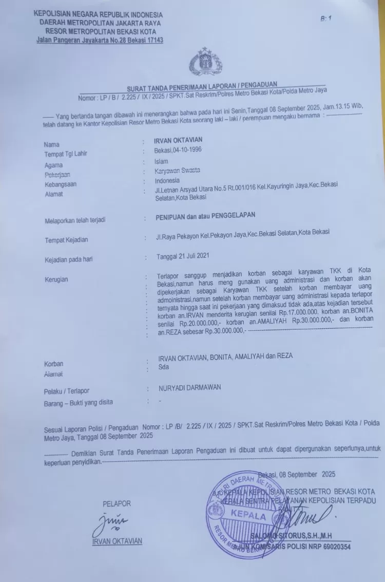 Gedung Polres Metro Bekasi Kota, tempat laporan dugaan penipuan rekrutmen TKK oleh Wakil Ketua DPRD Bekasi, Nuryadi Darmawan.