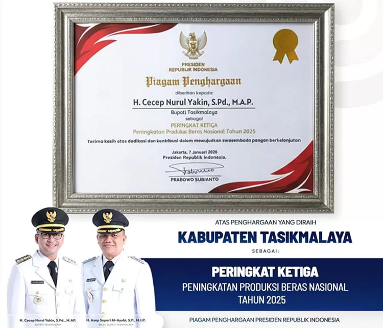 Bupati Tasikmalaya Cecep Nurul Yakin menerima penghargaan dari Presiden Prabowo Subianto atas peningkatan produksi beras nasional tahun 2025.