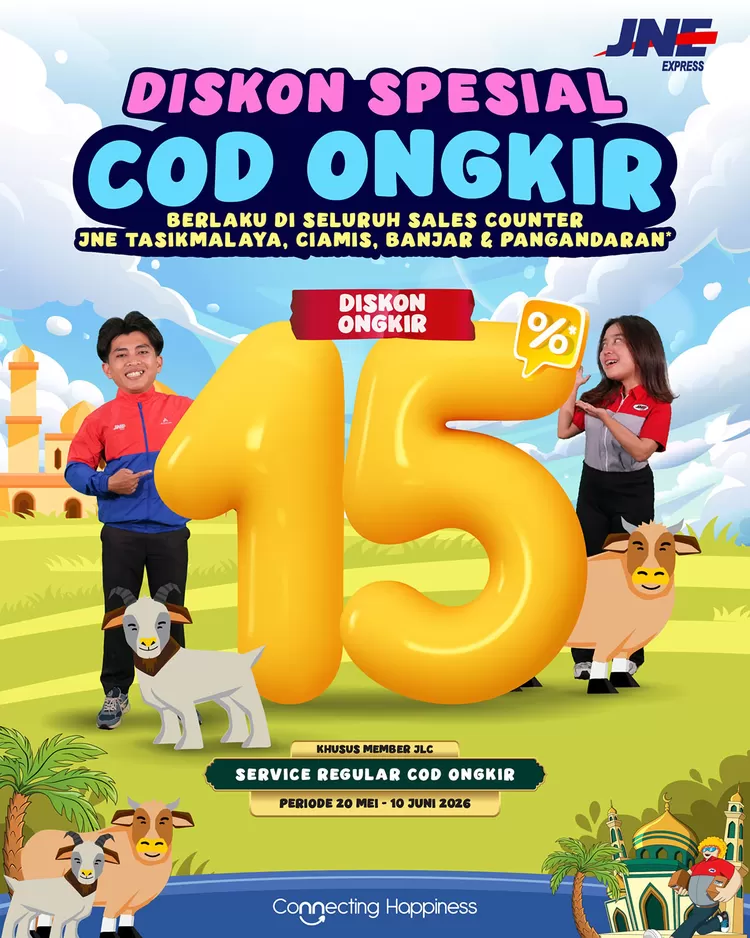 JNE Tasikmalaya menawarkan Promo Diskon 15 persen COD Ongkir bagi anggota JLC. Berlaku hingga 10 Juni 2026 untuk tujuan seluruh Indonesia.