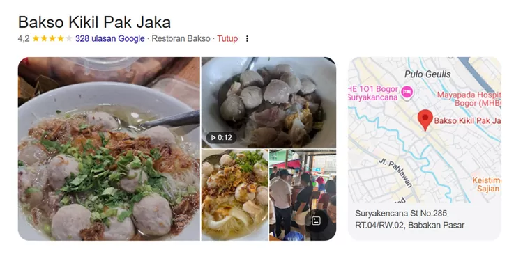 Bakso Kikil Pak Jaka berlokasi di Pusat Kuliner Surya Kencana, Bogor. Google memberi ulasan sekitar 4,2 bintang, terkenal dengan kikil empuk dan kuah gurih.  