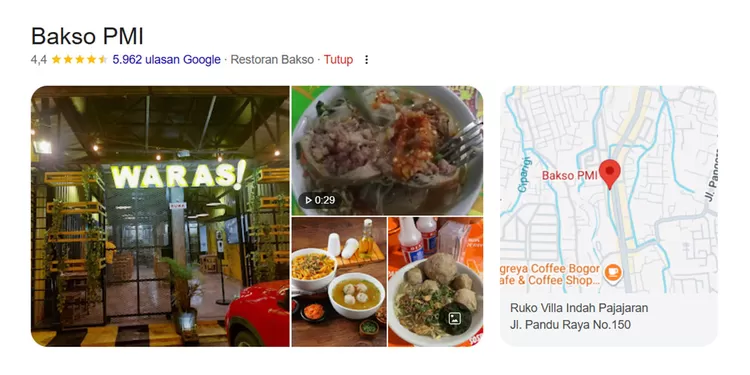 Bakso PMI beralamat di Jalan Abiyasa Raya No. 150, Bogor. Memiliki rating Google 4,4 bintang dari ribuan ulasan, terkenal dengan bakso rudal isi daging melimpah.