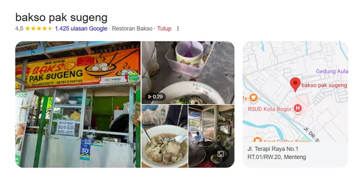 Bakso Pak Sugeng berlokasi di Jalan Terapi Raya No. 1, Bogor Barat. Rating Google mencapai 4,5 bintang, dikenal dengan bakso tetelan melimpah dan kuah kaldu sapi bening.