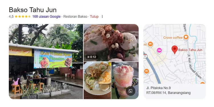 Bakso Tahu Jun berada di Jalan Pitaloka No. 9, depan Sport Club Vila Duta, Bogor. Google memberi ulasan sekitar 4,5 bintang, favorit karena bakso gepeng dan harga ramah.