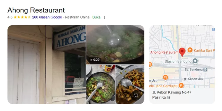 Ahong Restaurant yang berdiri sejak 1971 menghadirkan beragam sajian khas, termasuk hot plate kangkung cah sapi, sapo tahu seafood, dan fuyunghai kepiting.  