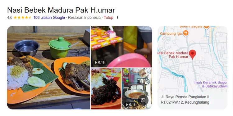 Nasi Bebek Madura Pak H. Umar menawarkan bebek berbumbu hitam khas Madura dengan harga terjangkau, mulai Rp13.000-an. Ada sate jeroan sebagai pelengkap.