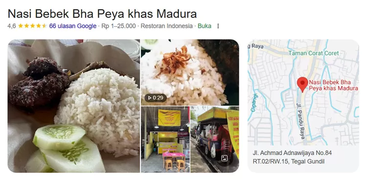 Nasi Bebek Mba Peya menawarkan bebek goreng khas Madura dengan bumbu hitam kaya rempah dan serundeng melimpah. Harga mulai Rp20.000-an.