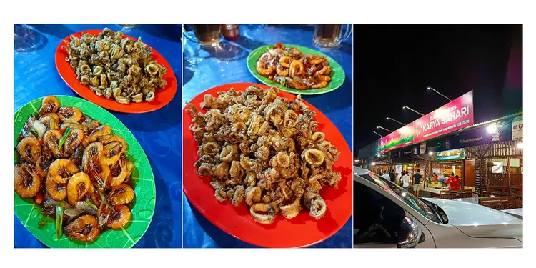 RM Karya Bahari Pangandaran menawarkan beragam olahan seafood dengan pilihan jenis dan berat sesuai selera. Lokasinya berada di Kompleks Pasar Ikan Pantai Timur.  