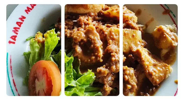 Gado-gado Bu Hadi di Pasar Beringharjo menyajikan sayuran, tahu, telur, dan bumbu kacang khas. Nikmati bersama es kopyor yang menyegarkan.  