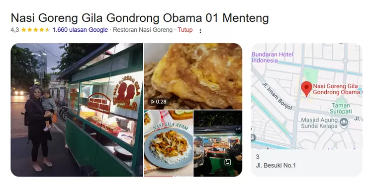 Nasi Goreng Gila Gondrong Obama terkenal dengan topping melimpah seperti bakso, sosis, ayam, dan telur. Porsinya besar, cocok untuk makan malam.    