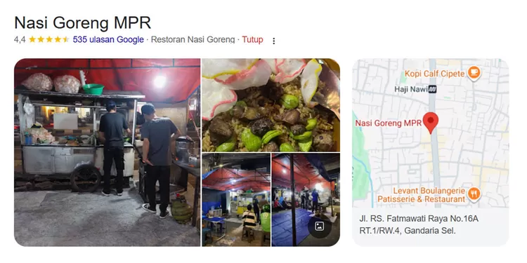 Nasi Goreng MPR punya rasa gurih klasik dengan topping beragam. Warung legendaris sejak 1984 ini cocok untuk pencinta nasi goreng kaki lima.  