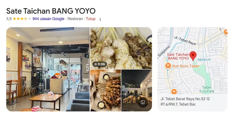 Pencinta sate wajib mampir ke Sate Taichan Yoyo di Tebet Barat. Potongan ayam tebal dan sate kulit jadi menu yang banyak dicari.  