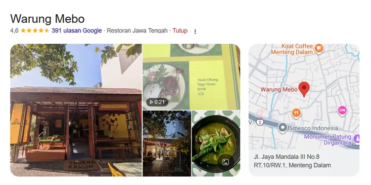Tersembunyi di gang Menteng Dalam, Warung Mebo menawarkan masakan khas Jogja seperti mangut lele dan nasi goreng kecombrang.  