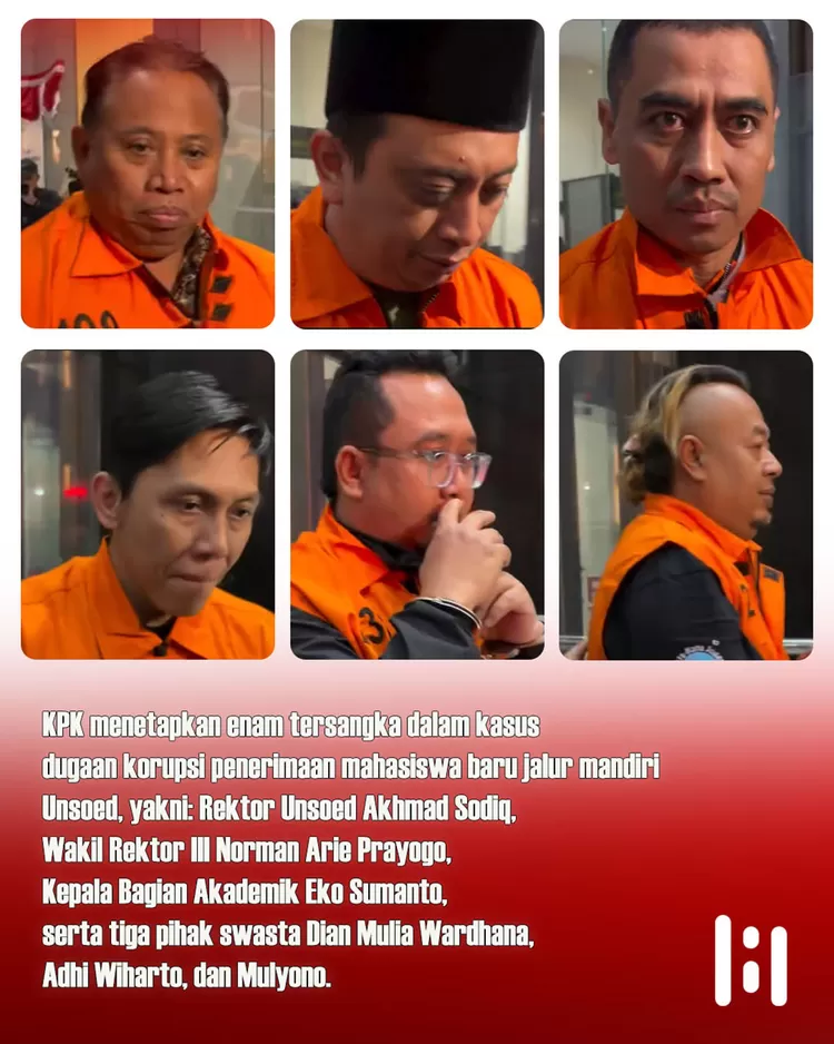 KPK menetapkan enam tersangka dalam kasus dugaan korupsi penerimaan mahasiswa baru jalur mandiri Unsoed. Mereka terdiri dari unsur pimpinan kampus dan pihak swasta.