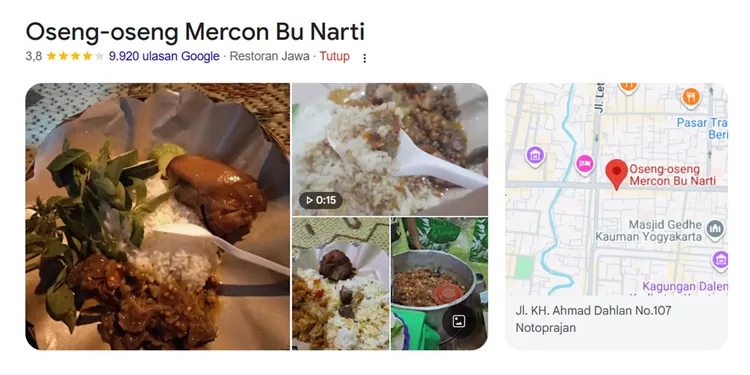 Oseng Mercon Bu Narti di Yogyakarta dikenal dengan daging dan koyor berbumbu cabai pekat. Kuliner pedas legendaris ini berdiri sejak 1997.  