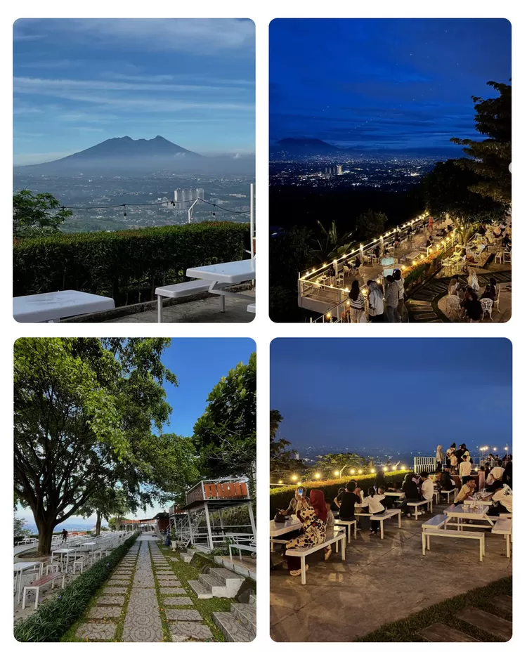 Taman Fathan Hambalang Bogor menghadirkan panorama Gunung Gede, Pangrango, dan Salak, lengkap dengan hamparan lembah hijau serta lampu kota. 