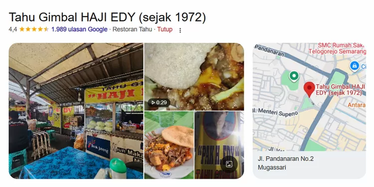 Tahu Gimbal Pak H. Edy di Semarang menyajikan tahu goreng, lontong, sayuran, dan bakwan udang dengan siraman saus kacang bercampur petis.