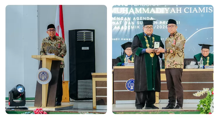 Sekda Ciamis Andang Firman Triyadi menghadiri wisuda 235 lulusan STIKes Muhammadiyah Ciamis dan pengambilan sumpah profesi 81 Ners di Islamic Center Ciamis, pada Rabu (14/10/2026).