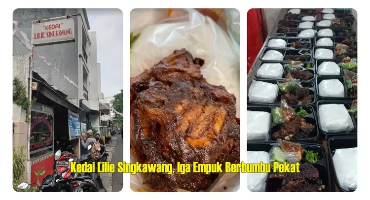 Kedai Lilie Singkawang menawarkan iga bakar tiga potong dengan daging empuk dan bumbu pekat yang meresap, cocok bagi pencinta olahan iga sapi.  