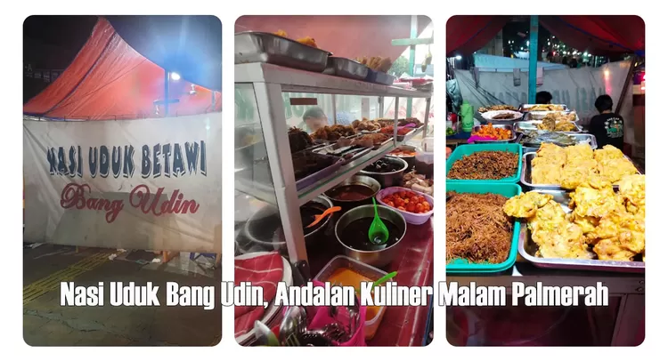 Nasi Uduk Bang Udin di Palmerah menyajikan nasi uduk pulen dengan lauk ayam goreng, semur jengkol, empal daging, dan sambal goreng kentang hingga lewat tengah malam.  
