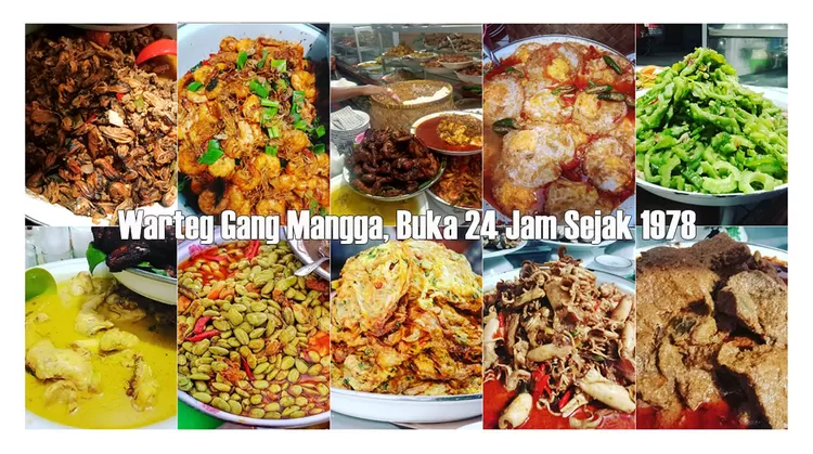 Warteg Gang Mangga di Jakarta Barat sudah berdiri sejak 1978 dan melayani pelanggan sepanjang hari dengan pilihan lauk rumahan, seperti terong balado, udang, dan kerang.  