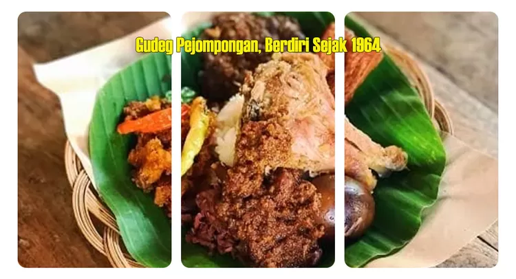 Gudeg Pejompongan di Bendungan Hilir, Jakarta, menyajikan nasi gudeg komplet dengan krecek, telur, dan ayam opor.  