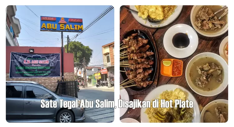 Sate Tegal Abu Salim di Condet, Jakarta Timur, menyajikan sate daging dan ati kambing di atas hot plate, serta menyediakan nasi briyani.