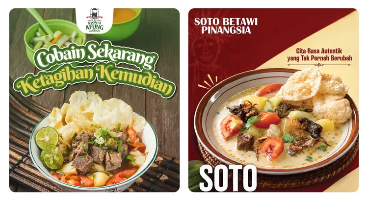 Soto Betawi Nyonya Afung di Glodok, Jakarta, menyediakan pilihan kuah santan dan bening, sedangkan Soto Betawi Pinangsia di Mangga Dua menawarkan kuah santan susu dengan isian daging sapi, ayam, dan jeroan.