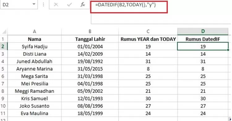 3 Cara Menghitung Umur Di Excel Dalam Tahun, Nomor 2 Pakai Rumus ...