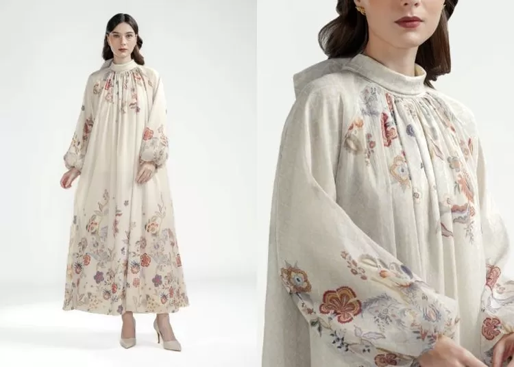 Contoh model baju lebaran wanita motif floral dari Benang Jarum.