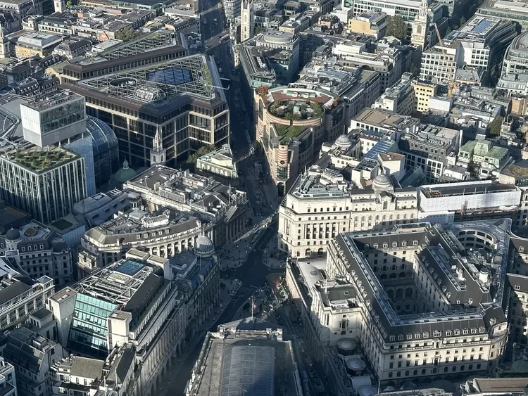 Bank Junction in 2023, viewed from 22 Bishopsgate
