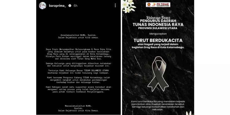 Tangkapan layar pernyataan duka cita dan komitmen pendampingan korban dari PD TIDAR Sulawesi Utara terkait tragedi kecelakaan drag race di Kotamobagu.