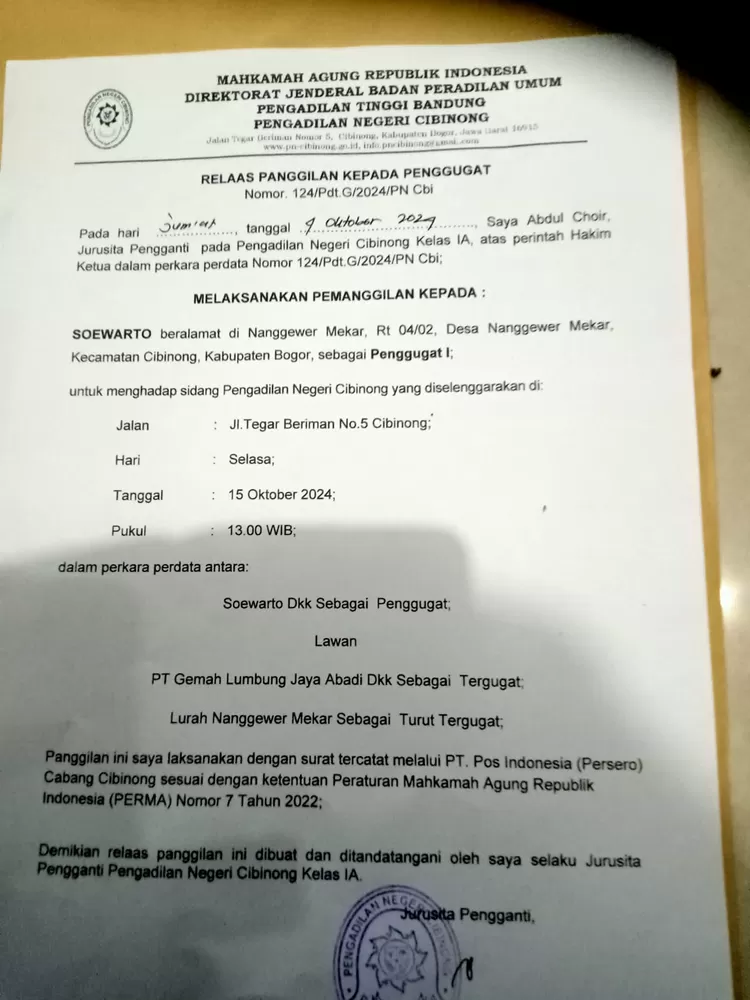 Panggilan Sidang Soewarto di PN Cibinong