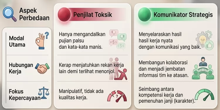 Tidak ada Salahnya Menjadi Penjilat. Berikut Tabel Perbandingan Bagaimana Menjadi Komunikator Strategis dan Menginggalkan Penjilat Toksik di Belakangmu!