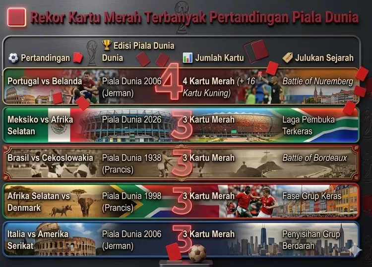 Rekor kartu merah dan kuning terbanyak di pertandingan Piala Dunia FIFA