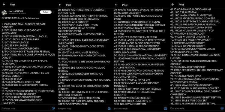 Postingan OP bagikan list nama 104 acara yang dihadiri GFRIEND di tahun 2015 