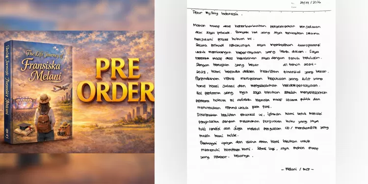 (Kiri) tampilan buku yang akan dirilis oleh Melani selaku direktur dari Mecimapro, (kanan) tulisan surat yang ditunjukkan untuk MyDay Indonesia
