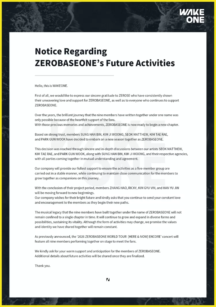 Pernyataan resmi yang dikeluarkan oleh agensi WAKEONE terkait aktivitas ZEROBASEONE