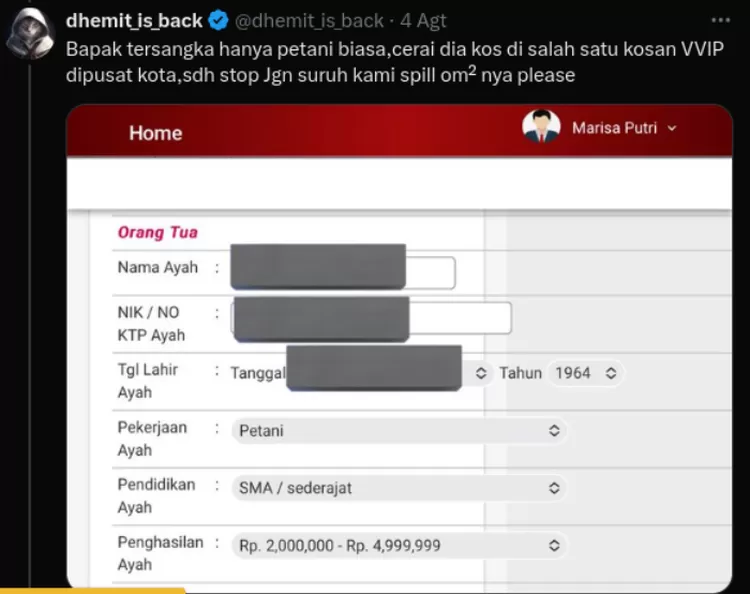 Cuitan Akun X dhemit_is_back tentang Pekerjaan Ayah Marisa Putri.
