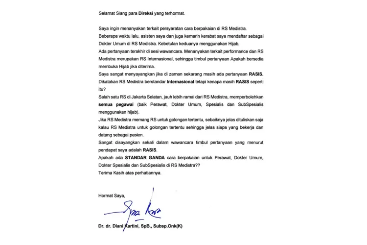 Surat Terbuka untuk RS Medistra dari Dokter Diani.