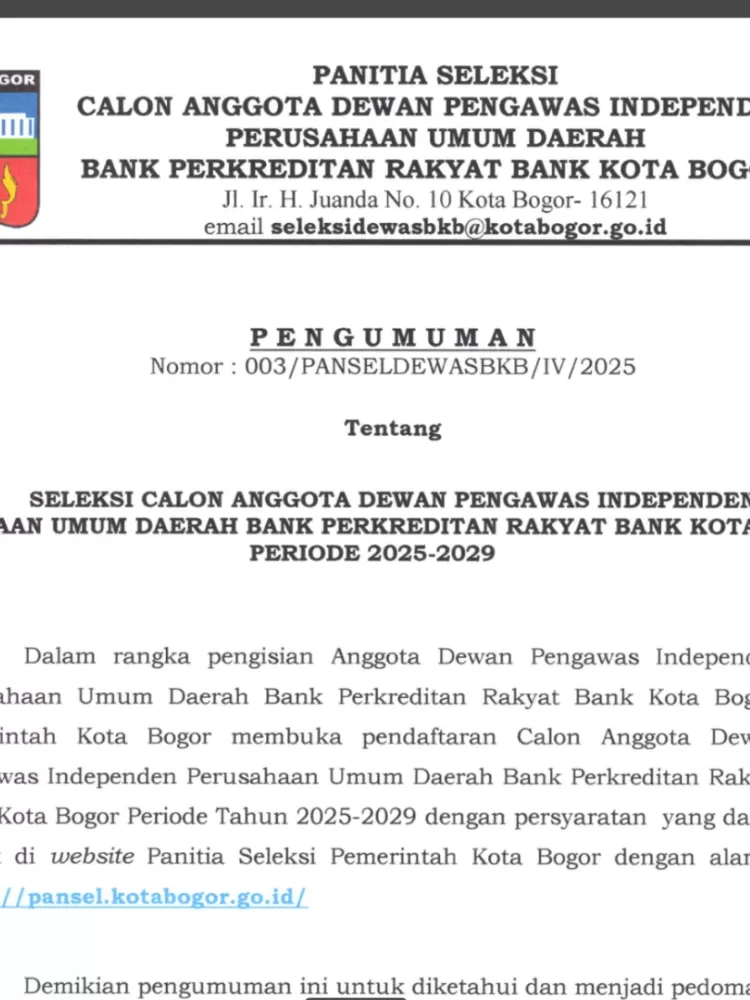 Surat open rekrutmen seleksi calon anggota dewan pengawas independen perusahaan umum daerah BPR Bank Kota Bogor