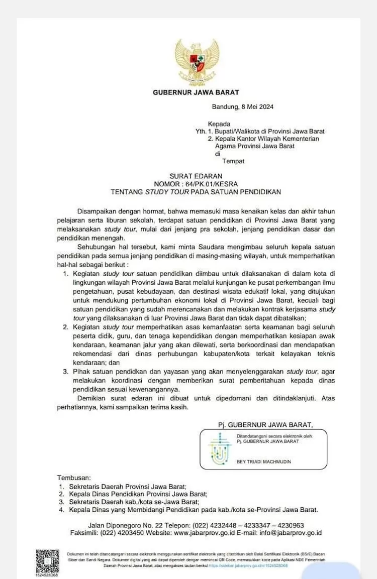 Surat Edaran Pemprov Jabar soal study tour