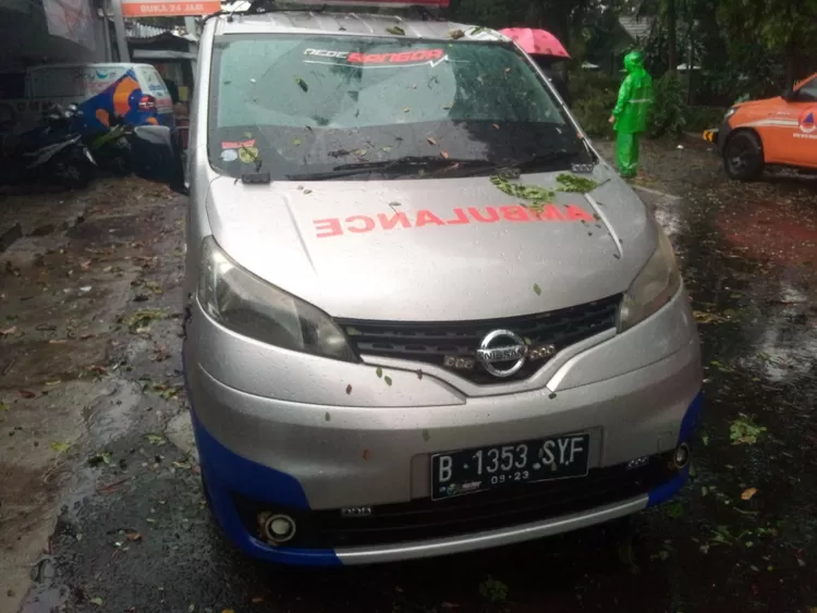 Mobil ambulans rusak akibat tertimpa pohon tumbang. 