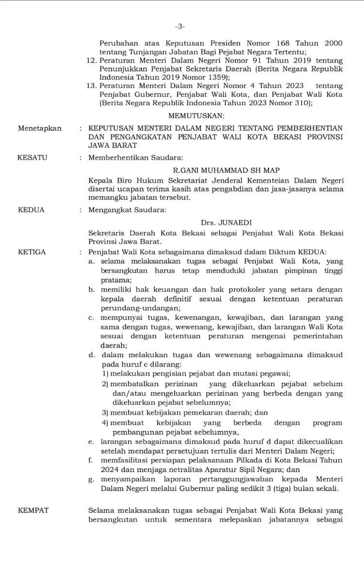 Penggalan surat pemberhentian Gani Muhamad sebagai Pj Wali Kota Bekasi yang beredar di media sosial.