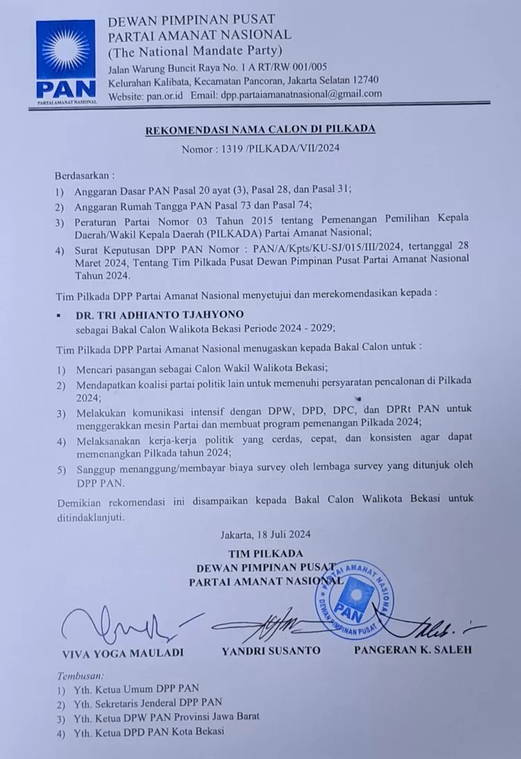 Surat rekomendasi dari DPP PAN untuk Bakal Calon Wali Kota Bekasi Tri Adhianto di Pilkada 2024